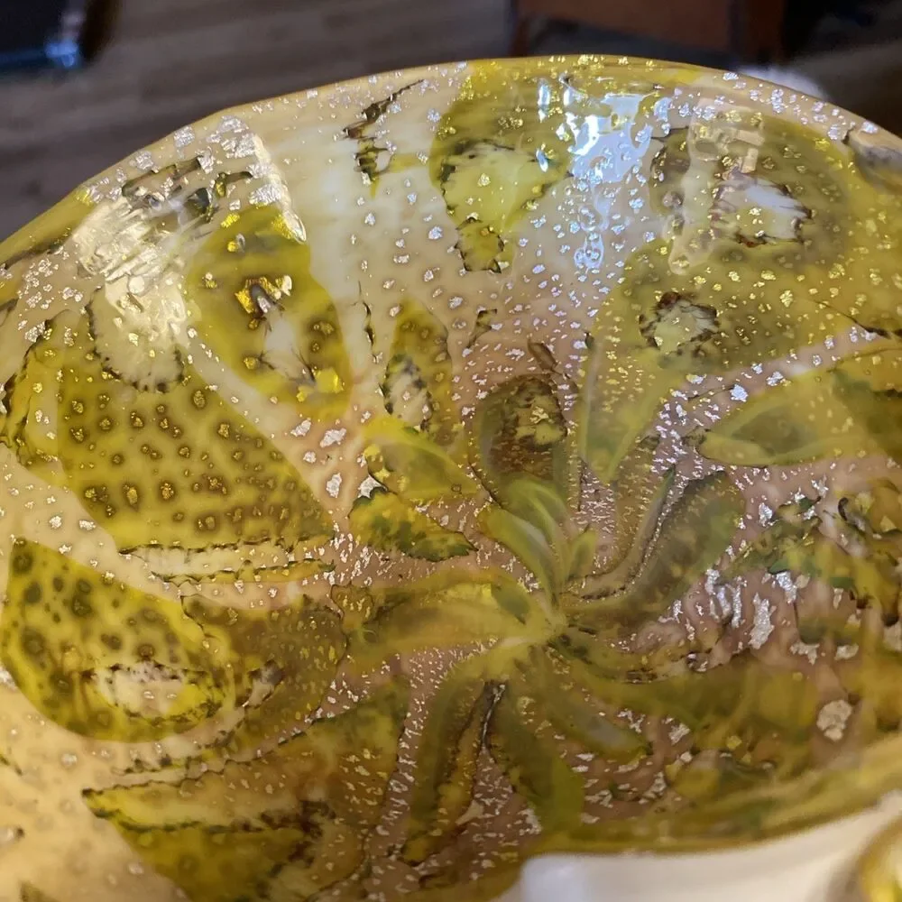 Vintage Murano? Art Glass Yellow Green Cased With metallic silver flakes Dish